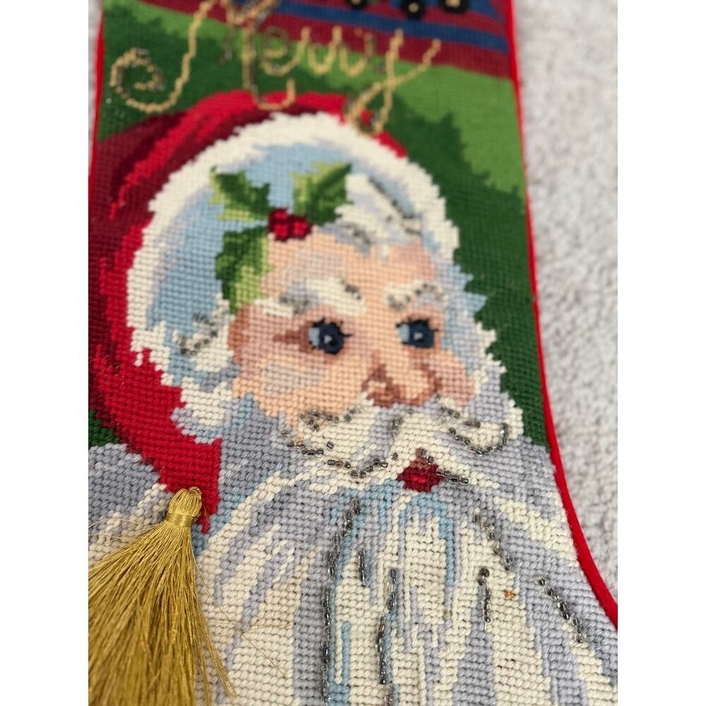 Vintage Wool Santa Claus Needlepoint by Hand Beaded "Merry Christmas" Stocking - Picture 5 of 9